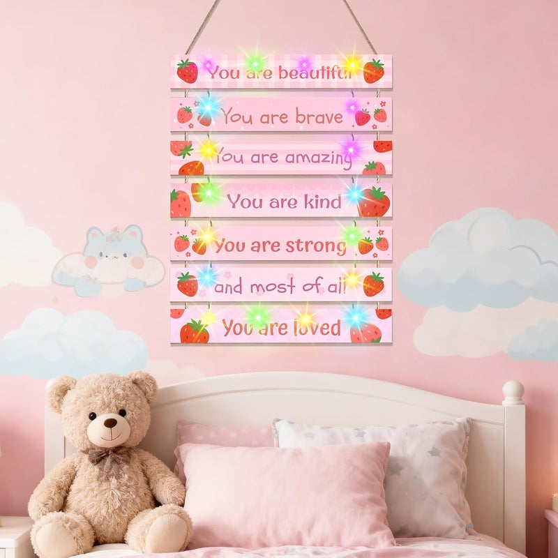 FIOBEE Girls Room Décor for Teen Girls Boys with LED Light Wall Decor for Bedroom Motivational Inspirational Wall Art Girl Room Decoration for Kids Studyroom, 8 Kinds of Lights, Pink Strawberry - Image 4